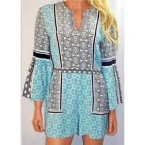LOFT long bell sleeve shorts romper teal/black/white back zip pockets Size L EUC